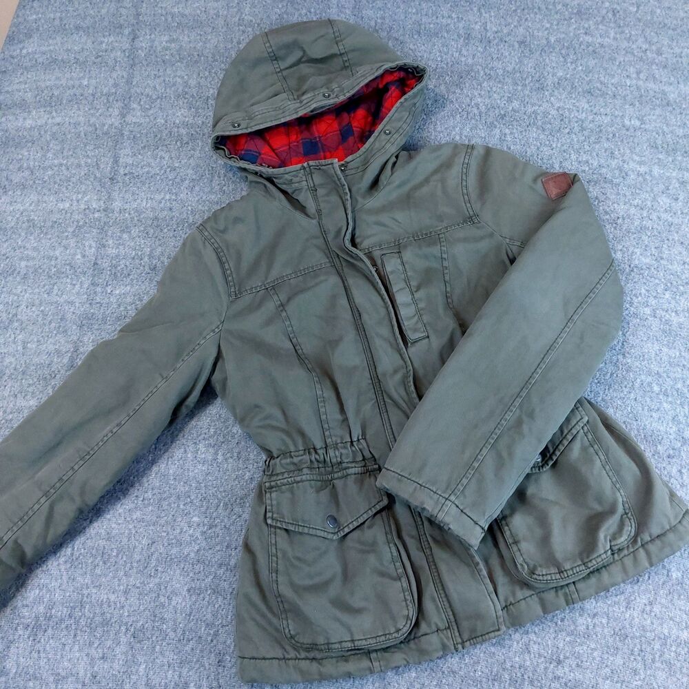 VTG Hollister Utility Jacket Women Medium Green Fleece Plaid Lined Hooded